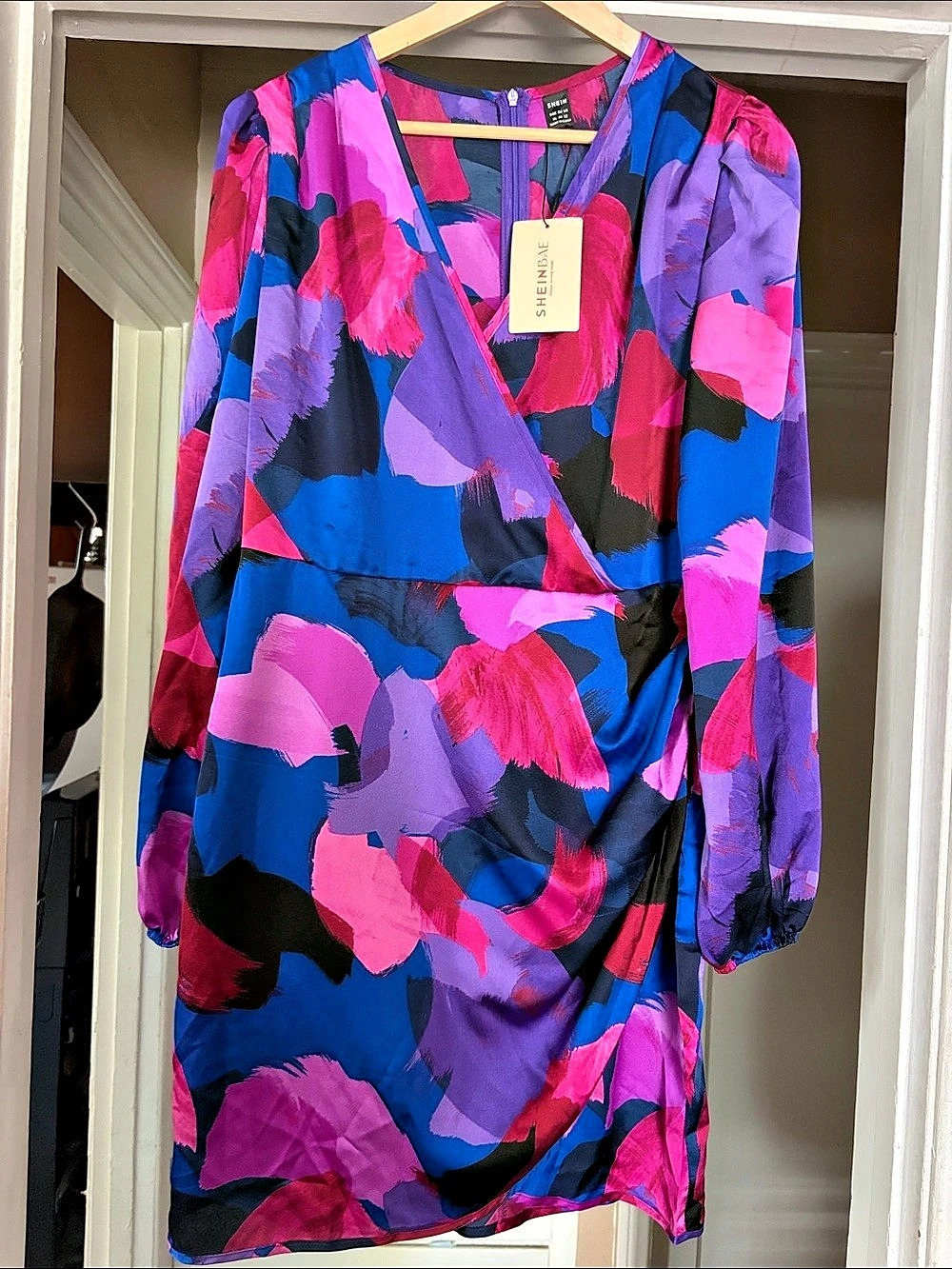 SHEIN BAE Abstract Wrap Mini Dress in Blue & Pink XL NWT
